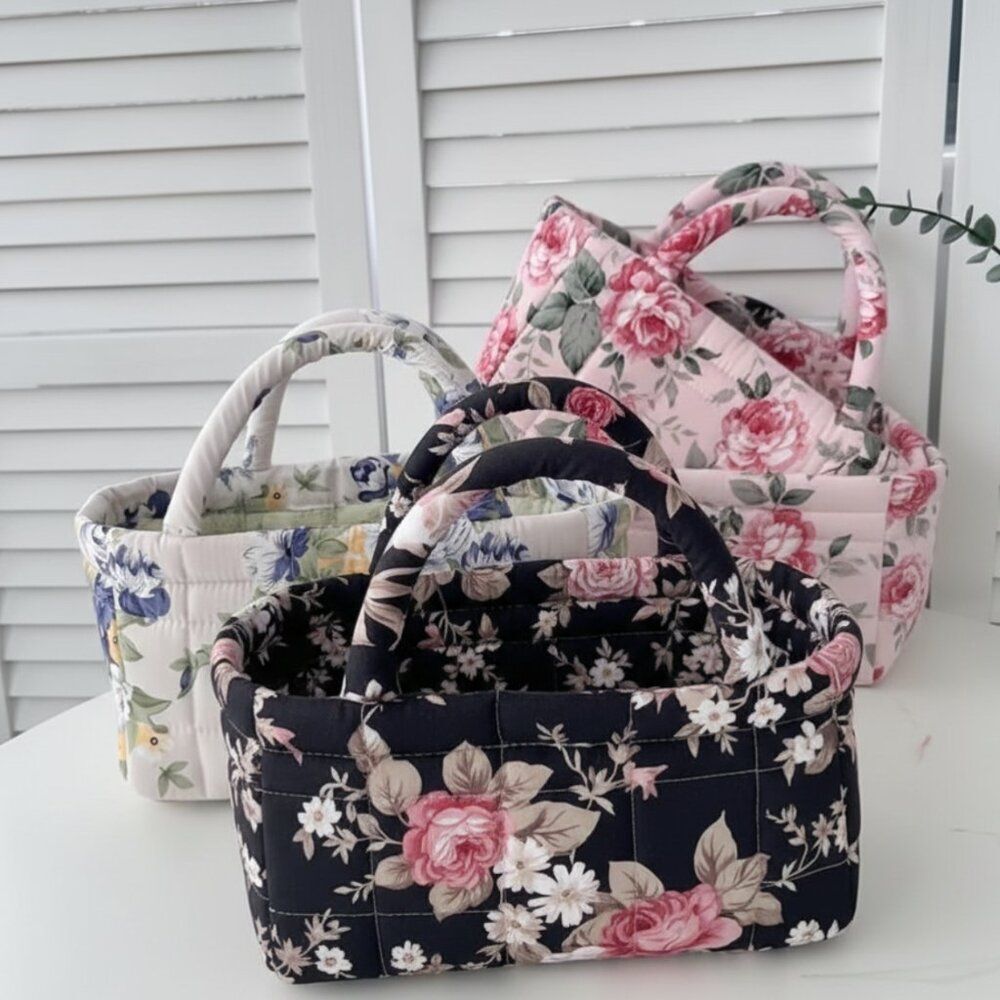 Organization Storage Basket Black Floral Quilt Cotton Country Chintz Cottagecore